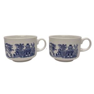Blue Willow Pattern Mugs Blue & White Made in Churchill, England Set of 2